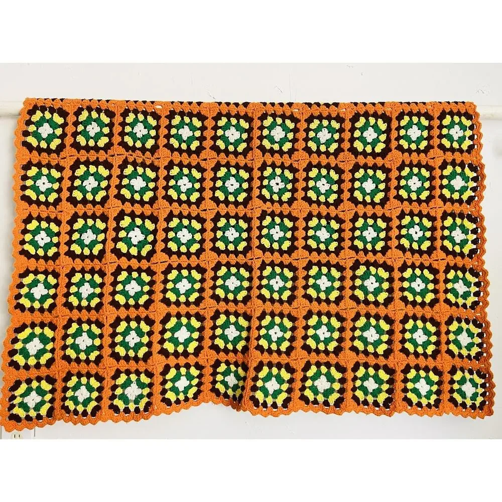 Vintage Crochet Granny Square Afghan Blanket Green Orange Brown Retro 70s Hippie